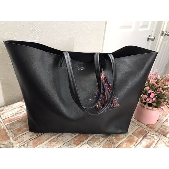 Victoria's Secret Black Faux Leather Tote Bag Large Shopper Handbag Vegan Tassel - Picture 1 of 8